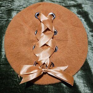 Ribbon bow accent lace up camel caramel color beret